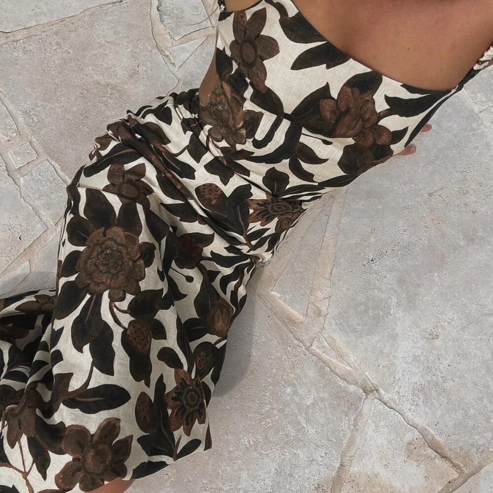 Commense Backless Print Split Zipper Dress – Brown Floral | Size M and L, NWT!